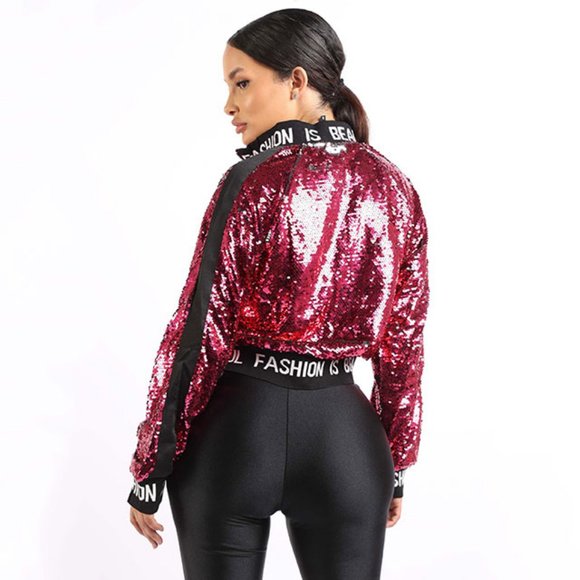 Sequin Cropped Embroidery Patches Varsity Bomber Jacket - Picture 4 of 11